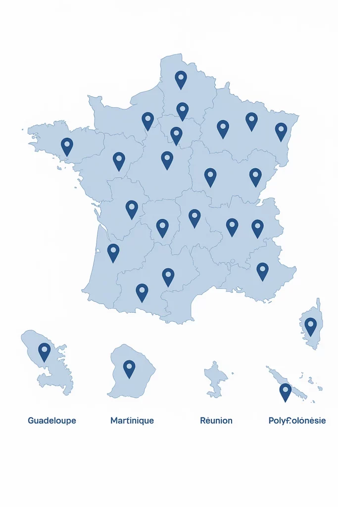 Carte de France avec les implantations des formateurs Formya – formations disponibles partout en France