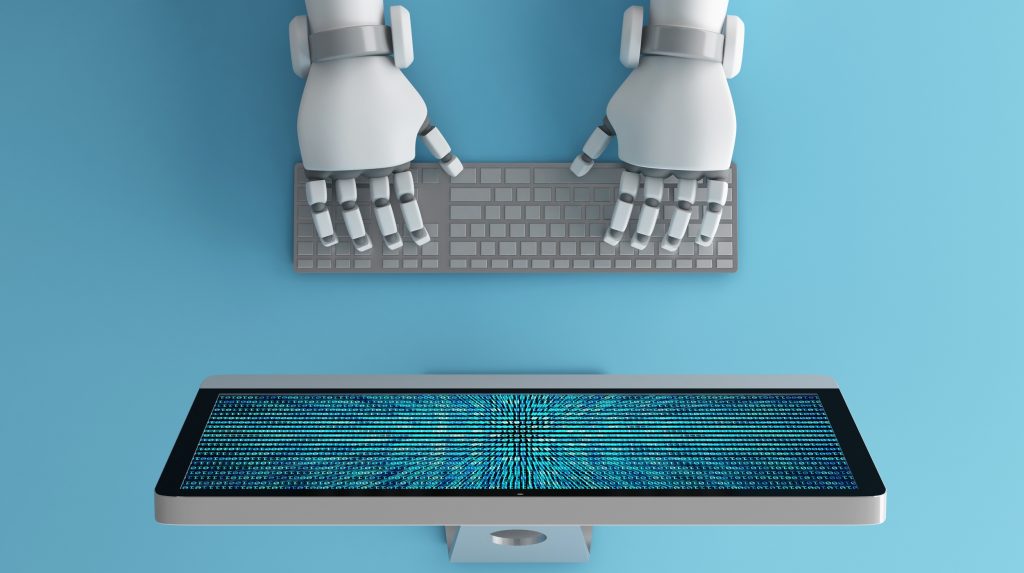 Mains robotiques tapant sur un clavier – formation Intelligence Artificielle et automatisation Formya